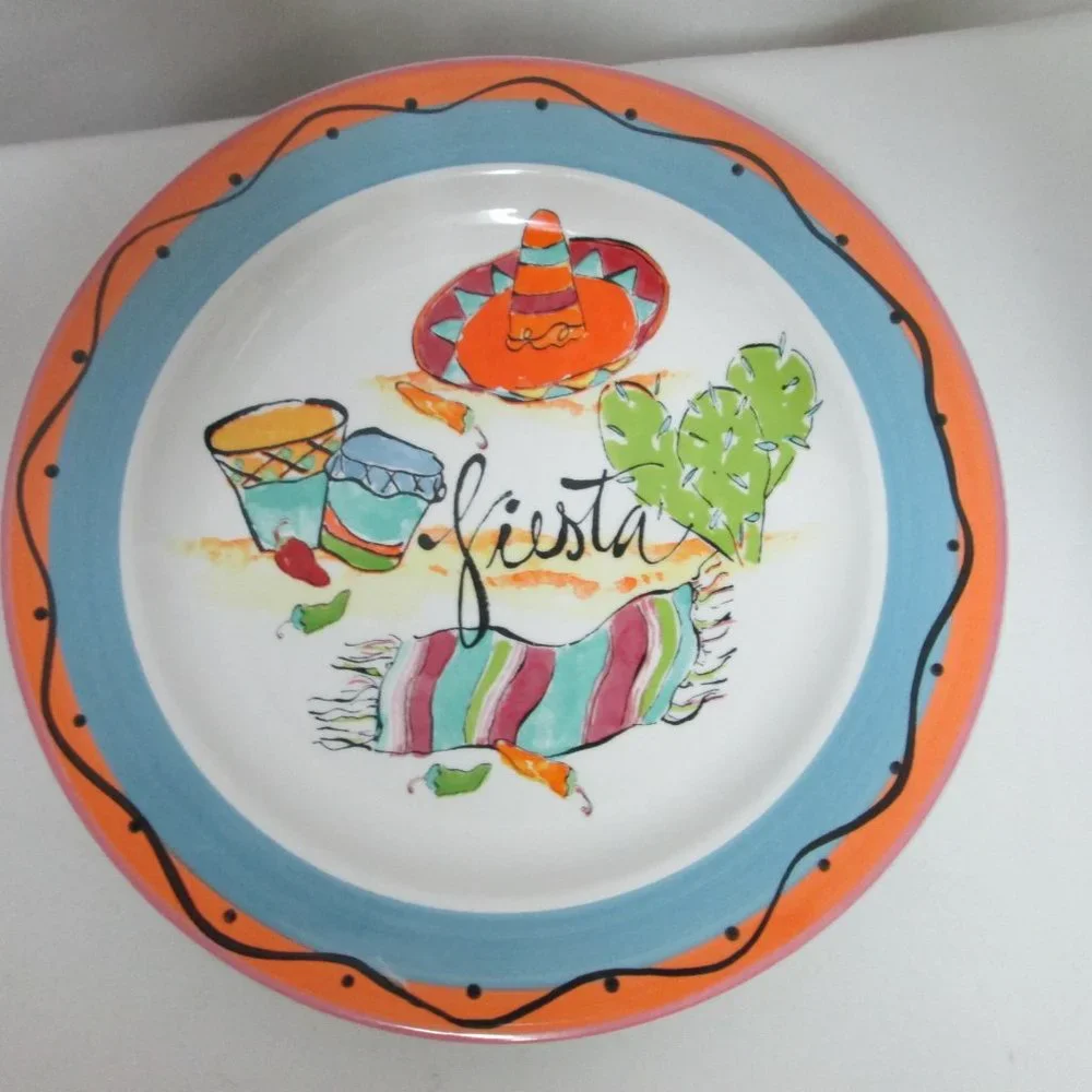 R Table Fiesta ceramic salad dessert plate set 2 Mariachi Cactus Mexican Theme